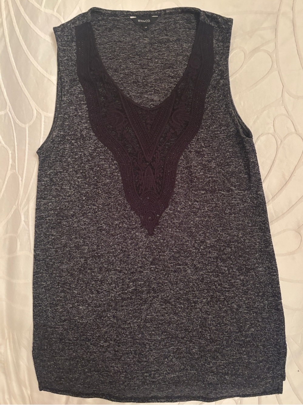 RW & Co Charcoal Heather Tank with Black Lace V-Detail